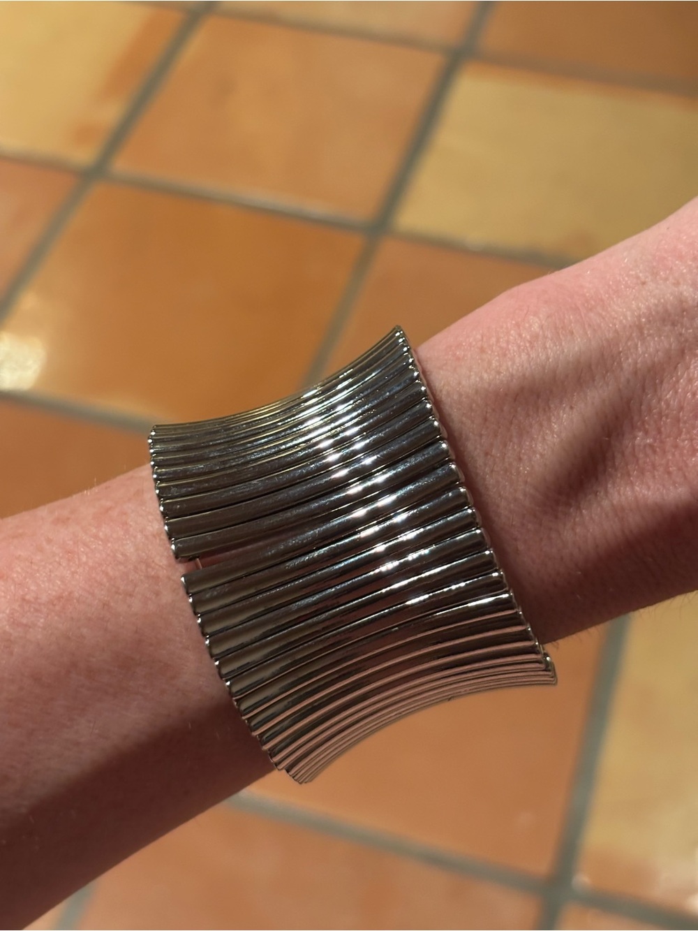 Lane Bryant Wide Silver Tone Ribbed Stretch Cuff Bracelet Statement